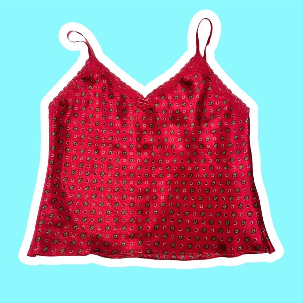 Retro George Silky Patterned Tank Top Lace Trim Red Adjustable Straps Pajamacore